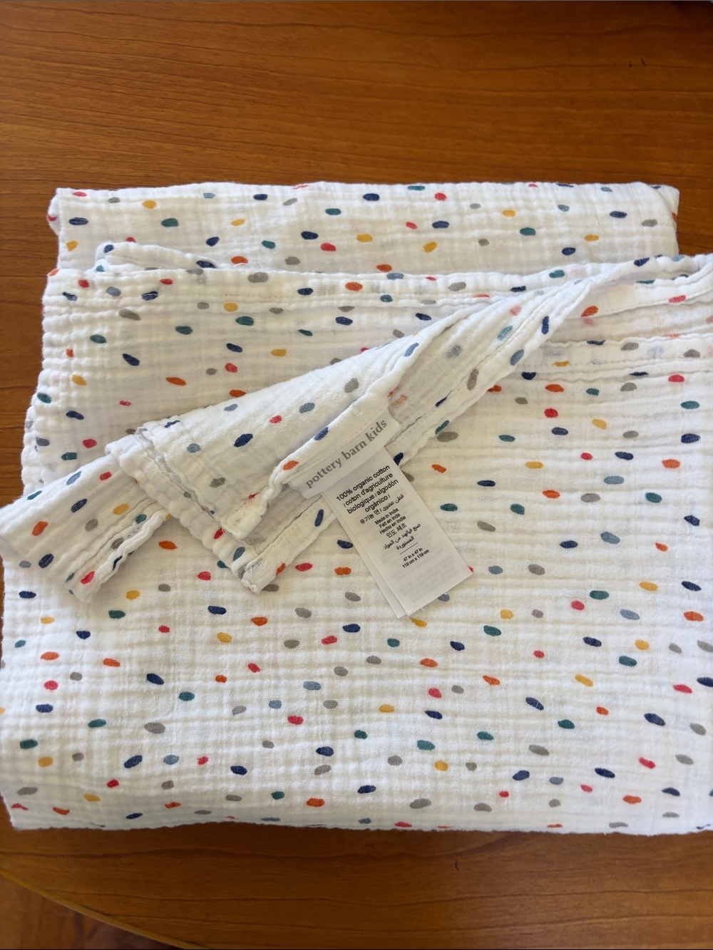 Pottery Barn Kids White Muslin Blanket with Multicolor Dot Print